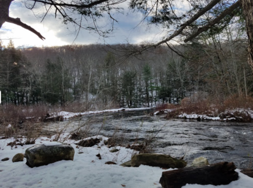 A serene river flows through a snowy landscape, surrounded by trees and a cloudy sky.