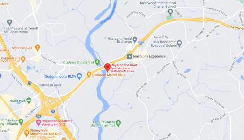 Map showing Ray's on the River restaurant, nearby roads, and landmarks in the Atlanta area.