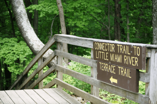 Wooden sign on a trail directing to the Connector Trail, Little Miami River, and Terrace Trail, surrounded by greenery.