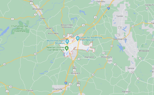 Map of Newnan, Georgia, highlighting parks, museums, and urban areas within the city.