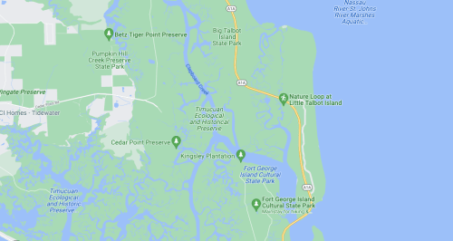 Map showing the Timucuan Ecological and Historical Preserve and nearby parks in northeastern Florida.