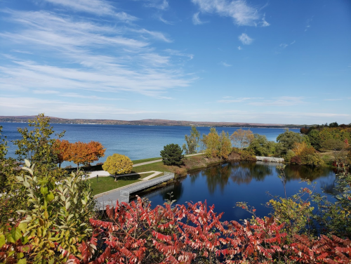A serene lake view with colorful autumn foliage and clear blue skies, reflecting vibrant trees in the water.