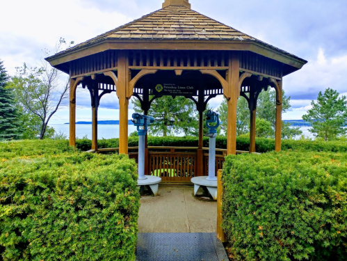 A wooden gazebo with viewing binoculars, surrounded by greenery and overlooking a lake under a cloudy sky.