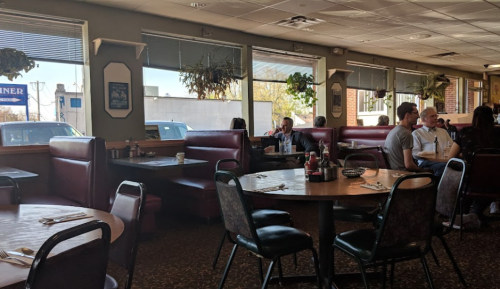 A cozy diner interior with booths and tables, featuring patrons enjoying meals and plants hanging from the ceiling.
