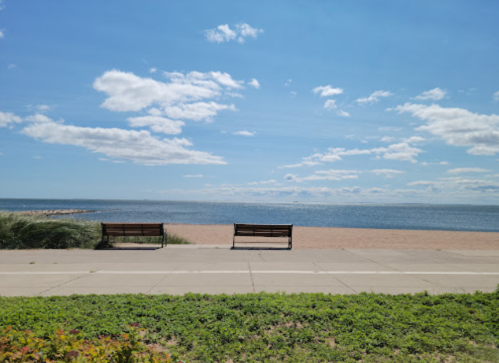 Two benches facing a sandy beach and calm water under a blue sky with scattered clouds.