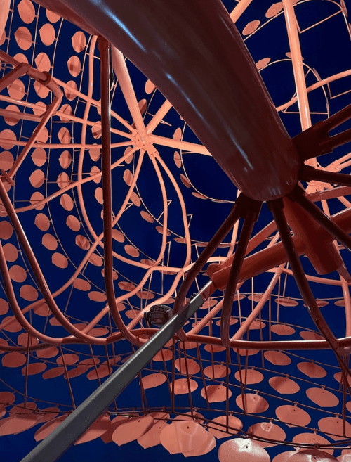 Abstract view of a red, spiraling structure against a dark blue background, featuring intricate leaf-like patterns.