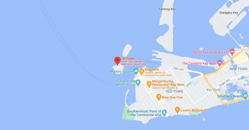 Map showing Latitudes restaurant location near Mallory Square in Key West, Florida, with nearby landmarks and attractions.