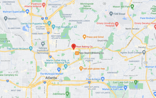 Map of Atlanta highlighting locations like Root Baking Co. and New Realm Brewing Co. with nearby attractions.