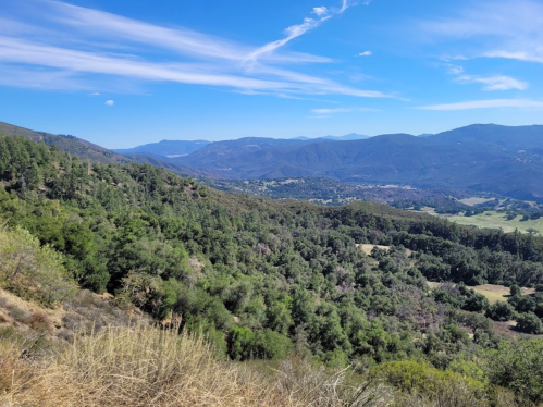 A panoramic view of rolling green hills and mountains under a clear blue sky.