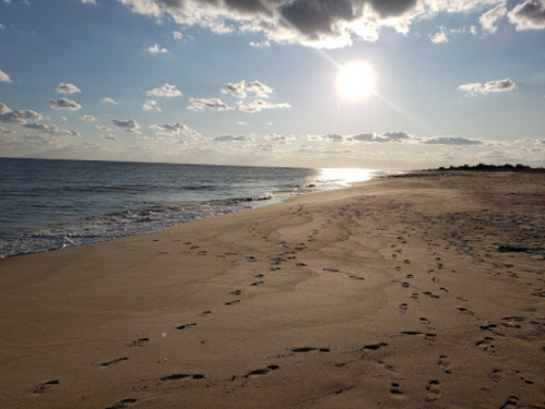 A serene beach at sunset, with footprints in the sand and gentle waves lapping at the shore under a cloudy sky.