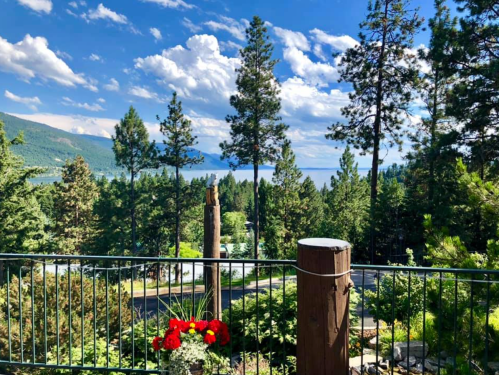 Scenic view of a lake surrounded by trees and mountains, with a flower pot in the foreground under a blue sky.