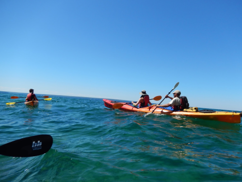 Three people kayaking on a clear blue ocean under a bright sky, with one kayak partially visible in the foreground.