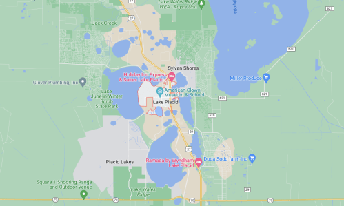 Map of Lake Placid, Florida, showing streets, landmarks, and nearby bodies of water.