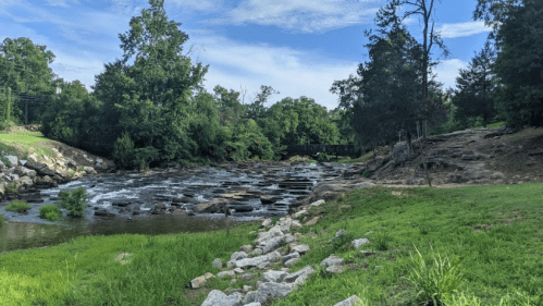 A serene river scene with lush greenery, rocky banks, and a clear blue sky.