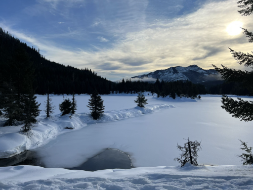 A serene winter landscape featuring a frozen lake, snow-covered trees, and mountains under a cloudy sky.