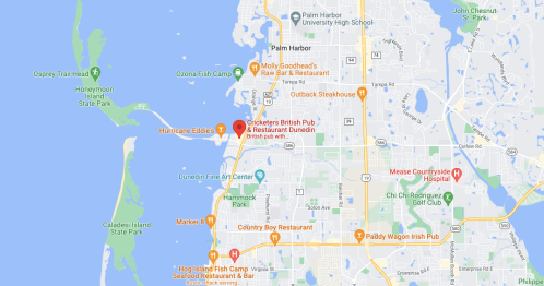 Map of Palm Harbor and Dunedin, Florida, highlighting restaurants, parks, and local attractions.