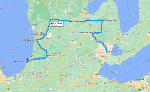 Map showing a route through Michigan, highlighting various pizza restaurants and breweries, totaling 481 miles.