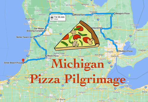 Map of Michigan highlighting a pizza pilgrimage route with a pizza slice graphic and the title "Michigan Pizza Pilgrimage."