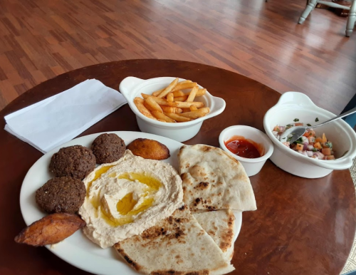 A plate with hummus, falafel, pita bread, and a side of fries and salad on a wooden table.