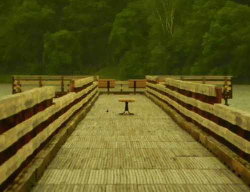 A wooden pier extends into a calm body of water, surrounded by lush green trees. A single table stands at the end.