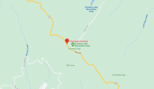Map showing Chestatee Overlook and Dockery Lake Recreation Area, with nearby roads and natural features.