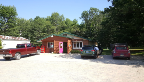 A log cabin-style building with a colorful door, surrounded by parked cars and greenery on a sunny day.