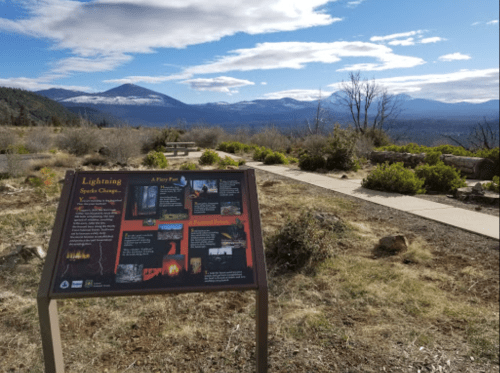A scenic view of mountains and clouds with an informational sign about lightning and fire ecology in the foreground.