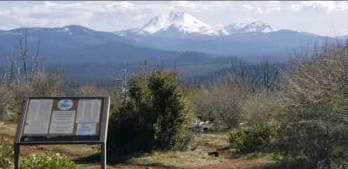 A scenic view of snow-capped mountains in the distance, with a signpost in the foreground amidst green vegetation.