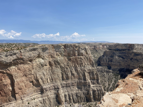 A vast canyon landscape under a clear blue sky, showcasing rocky cliffs and distant mountains.