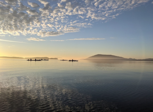 Silhouettes of kayakers on calm water at sunrise, with soft clouds and distant mountains in the background.
