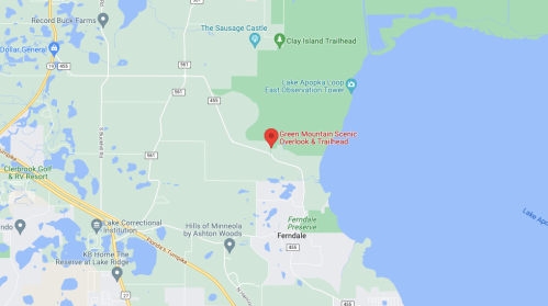 Map showing the location of Green Mountain Scenic Overlook & Trailhead near Fernside, Florida, by the lake.