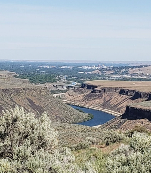 A winding river flows through a canyon landscape, surrounded by greenery and distant hills under a clear blue sky.