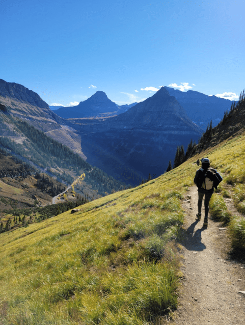 A hiker walks along a trail in a mountainous landscape, surrounded by lush greenery and towering peaks under a clear blue sky.