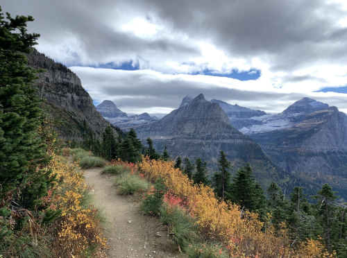 A winding trail through lush greenery leads to majestic mountains under a cloudy sky. Autumn colors add warmth to the scene.