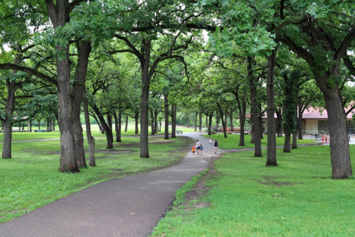 A winding path through a lush green park with tall trees and two children walking in the distance.