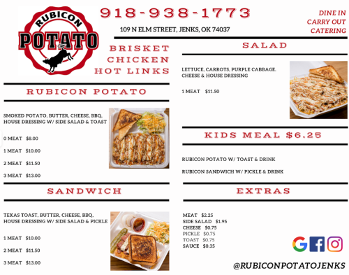 Menu for Rubicon Potato featuring items like brisket, chicken, hot links, salads, kids meals, and sandwiches.