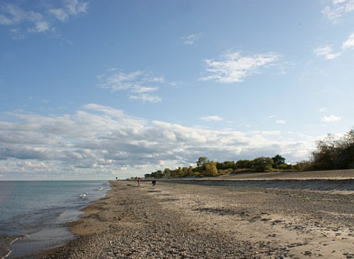 A serene beach scene with a sandy shore, gentle waves, and a cloudy sky in the background.