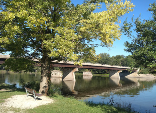 A serene riverside scene featuring a bridge, a tree, and a bench by the water under a clear blue sky.