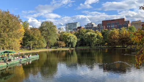 A serene park scene with a pond, trees in autumn colors, and people enjoying the outdoors under a blue sky.