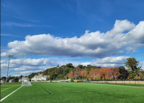 A vibrant green soccer field under a blue sky with fluffy clouds and colorful autumn trees in the background.