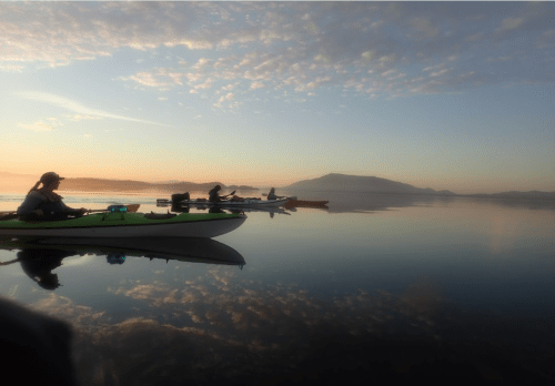 A serene morning scene with kayakers on calm water, reflecting the sky and mountains in the background.