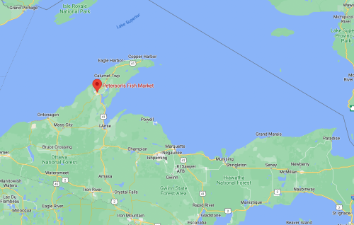 Map showing the location of Peterson's Fish Market in Calumet Township, Michigan, near Lake Superior.