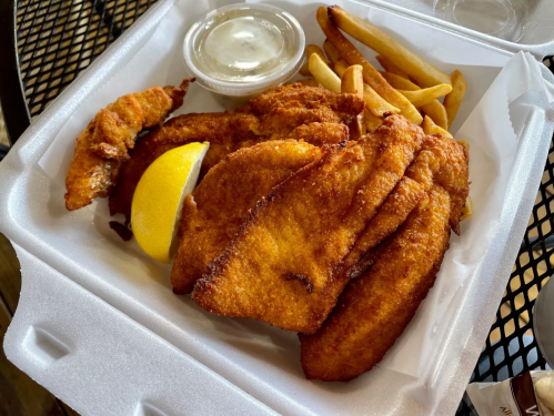 A takeout container filled with golden fried fish, fries, a lemon wedge, and a small cup of dipping sauce.