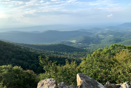 A panoramic view of rolling green mountains under a cloudy sky, with rocky foreground and lush trees.