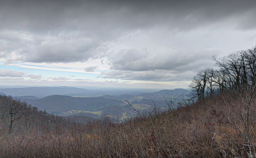 A panoramic view of rolling hills and valleys under a cloudy sky, with sparse trees in the foreground.