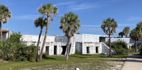 Historic fort ruins surrounded by palm trees and greenery under a clear blue sky.