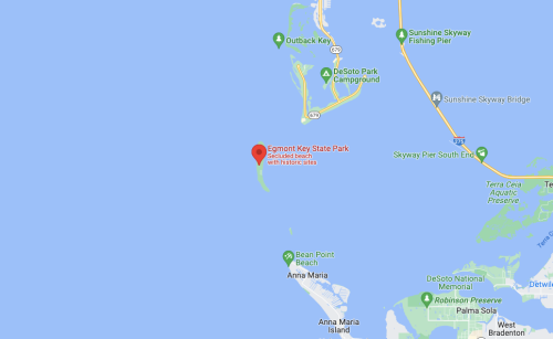 Map showing Egmont Key State Park located off the coast, near the Sunshine Skyway Bridge and surrounding areas.