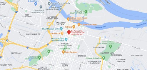 Map showing the location of Six Pence Pub in Savannah, Georgia, near various landmarks and restaurants.