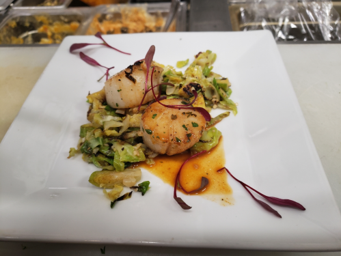 Seared scallops on a bed of sautéed cabbage, garnished with microgreens and a drizzle of sauce, served on a white plate.
