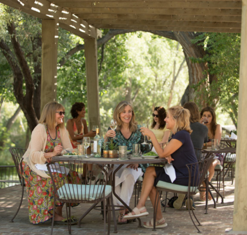 A group of women enjoying a meal outdoors at a restaurant under a wooden pergola, surrounded by greenery.
